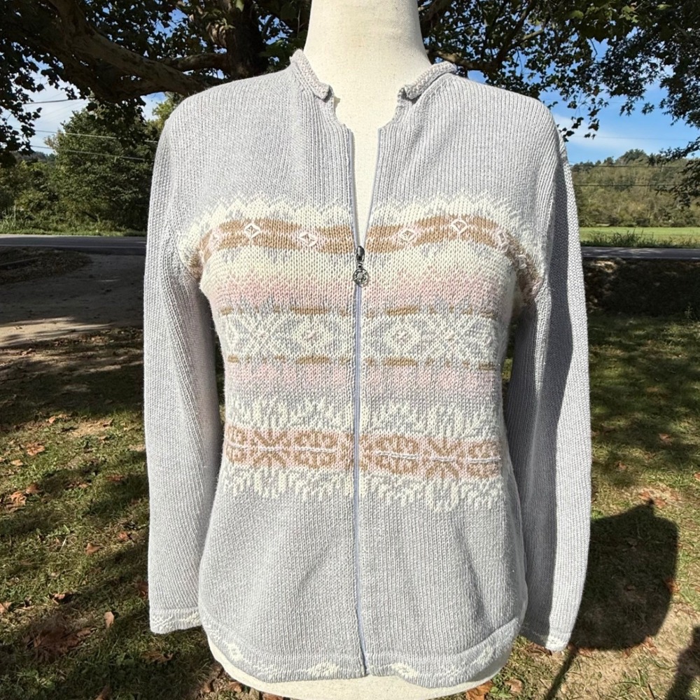 Woolrich Womens Dusk Gray Fair Isle Zip Up Cardigan Sweater Lg Ramie Cotton Cozy
